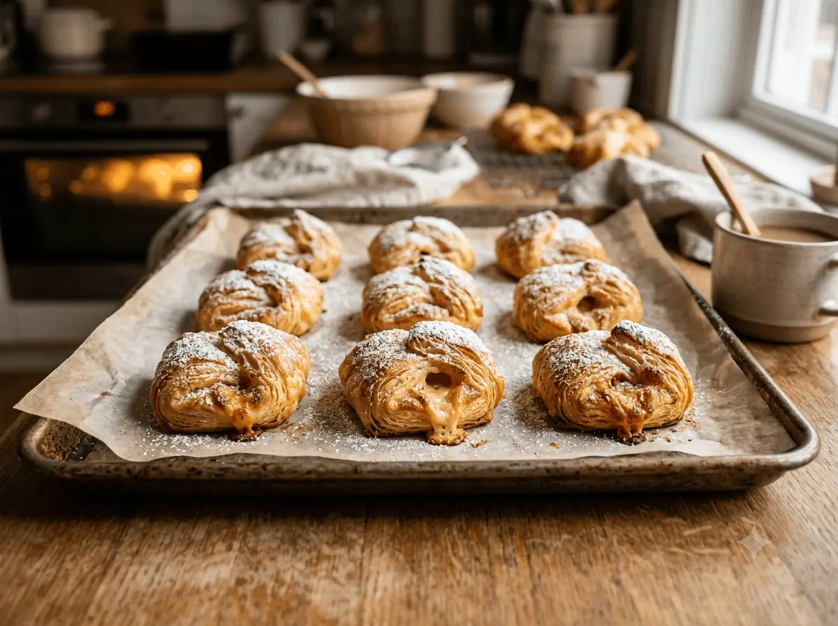 Golden baked Porto's Cheese Rolls on a baking sheet