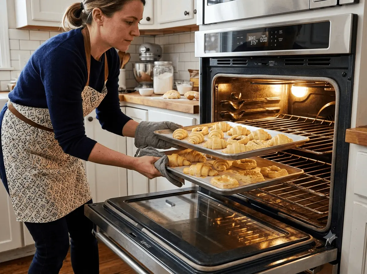 Baker sliding Cheese Rolls on stacked baking sheets into a preheated oven
