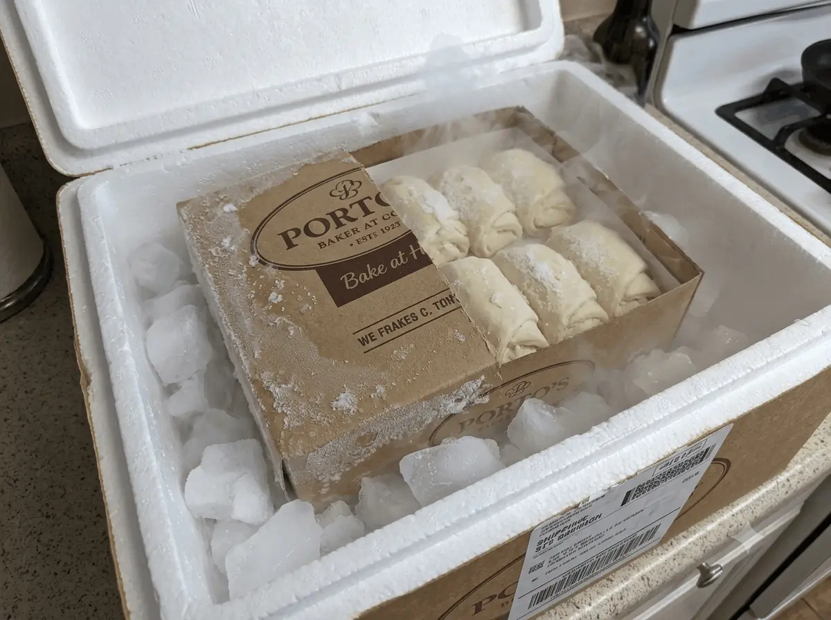 Porto's Bake at Home box of frozen Cheese Rolls packed in a cooler with dry ice