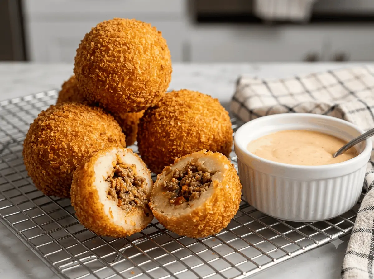 Crisp Porto's Potato Balls resting on a wire rack, one cut open