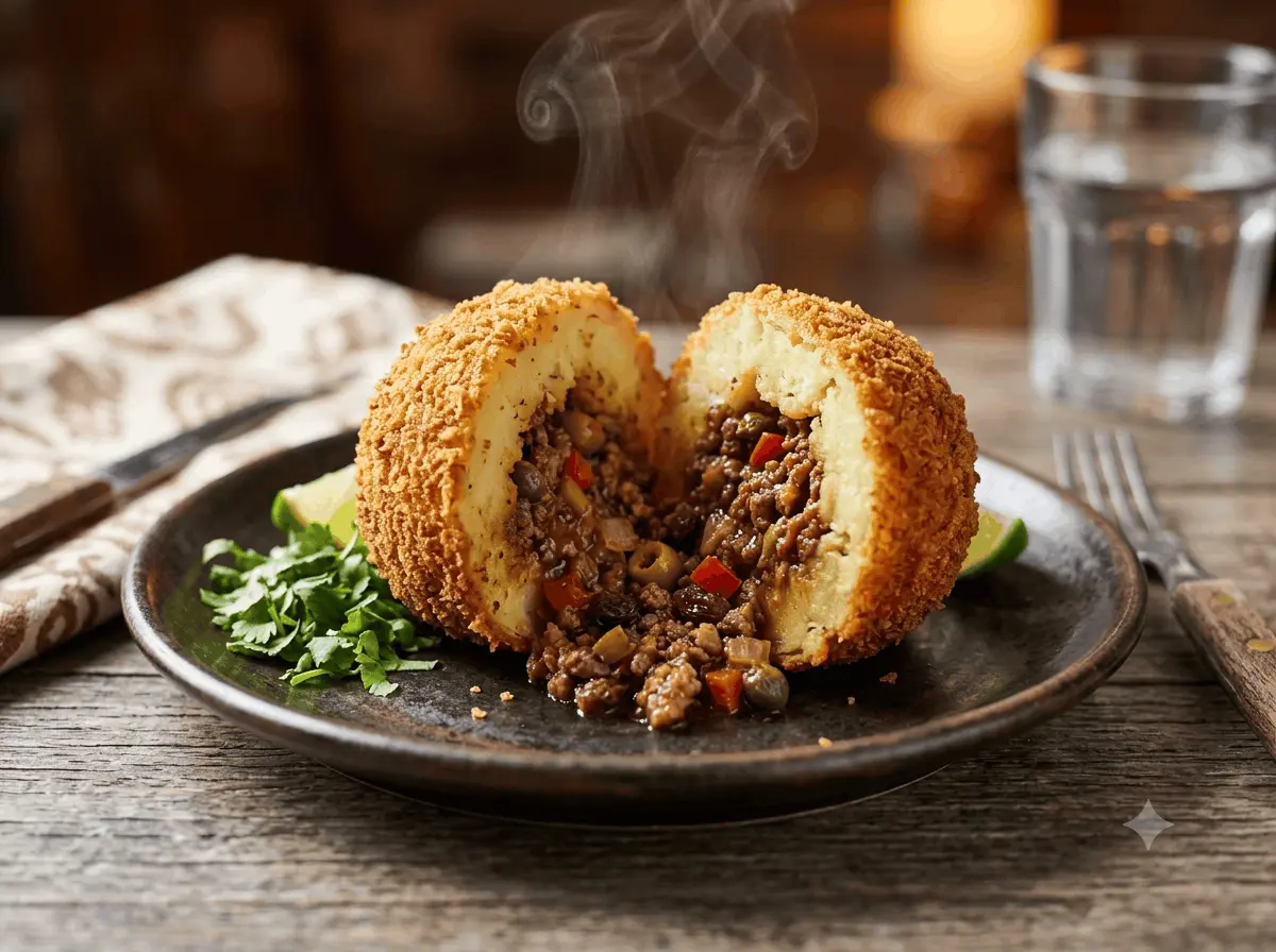 Reheated Porto's Potato Ball cut in half