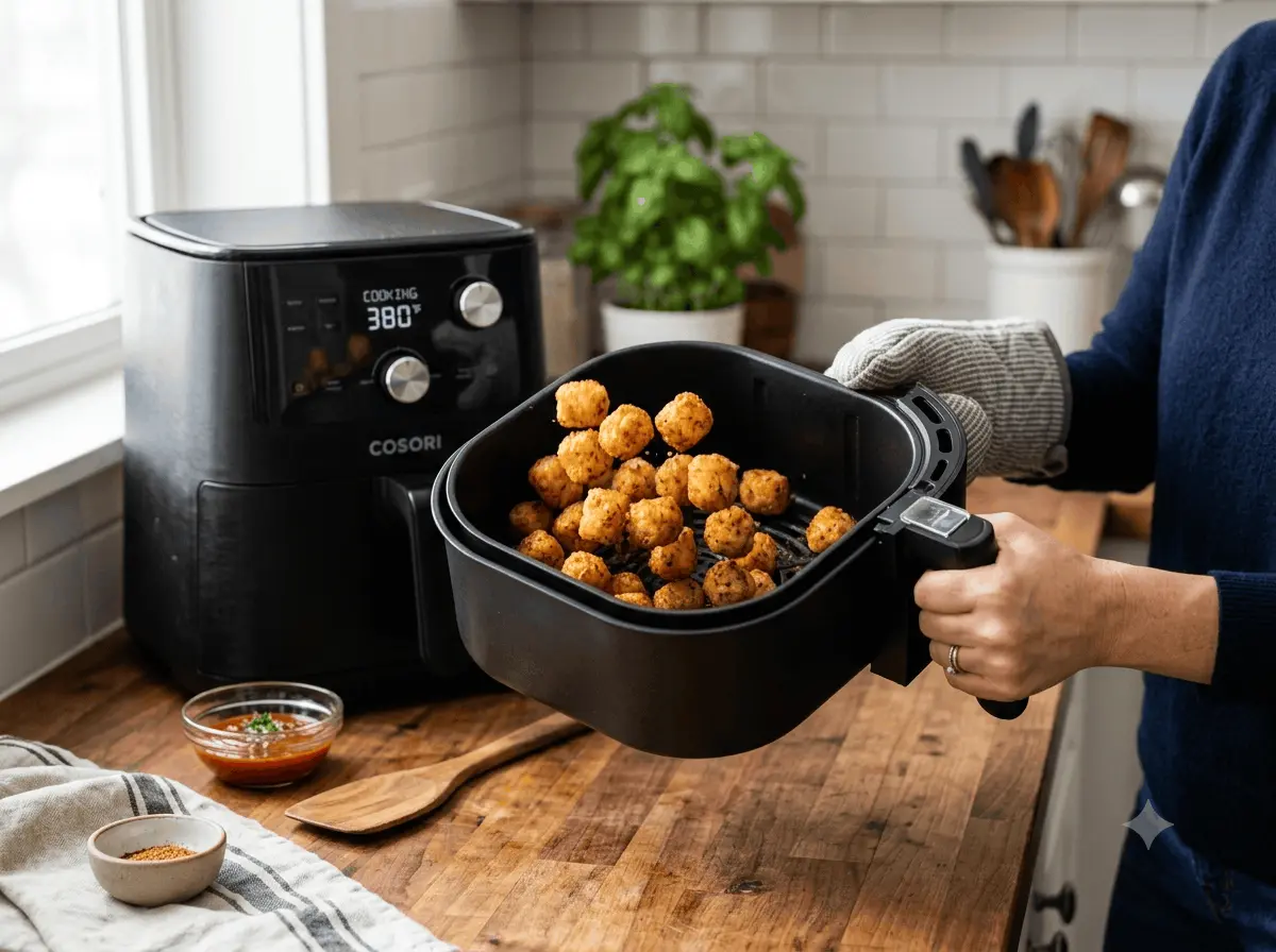 Reheating Porto's Potato Balls in a single layer in an air fryer basket