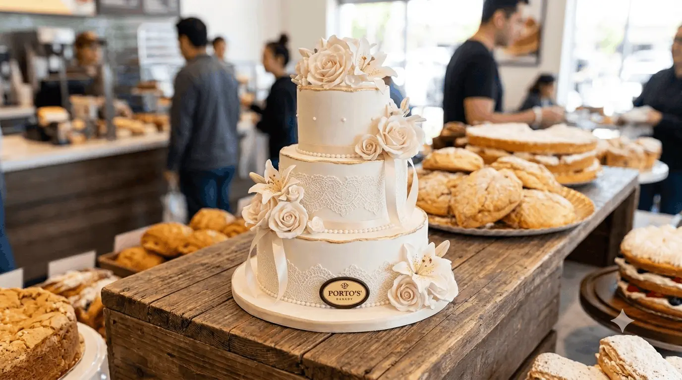 Three-tier white custom cake with sugar flowers at a Porto's bakery
