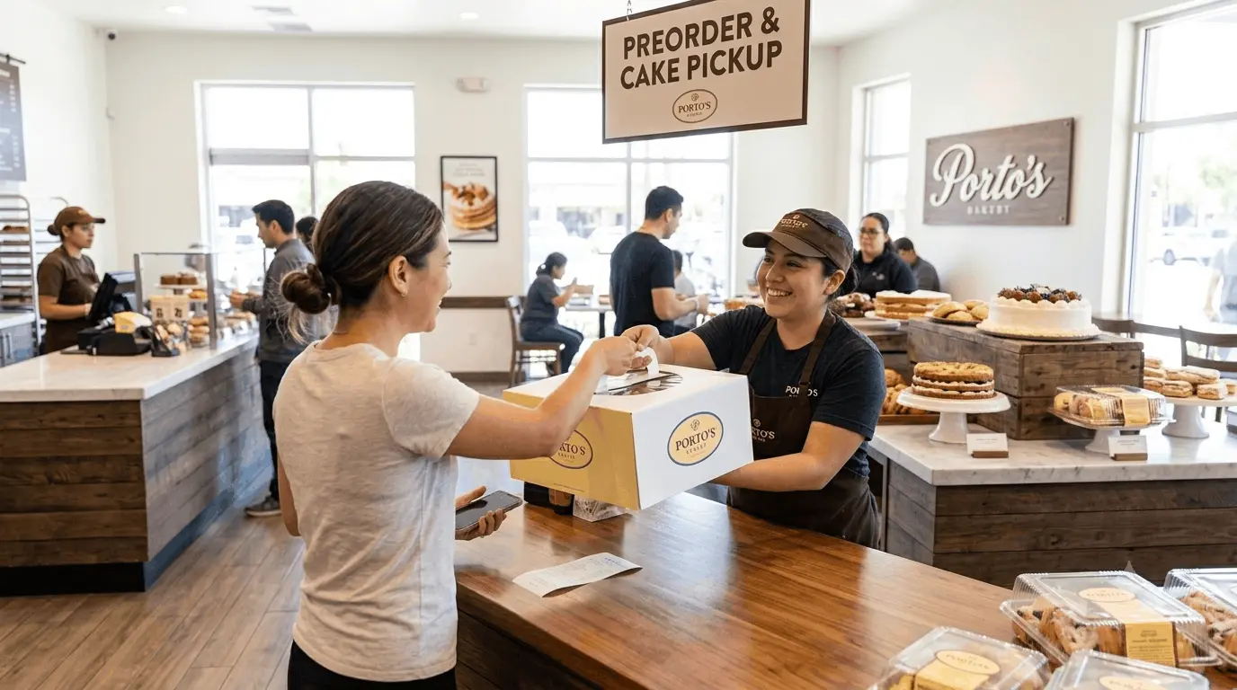 Customer collecting a boxed cake at the Porto's Preorder and Cake Pickup counter