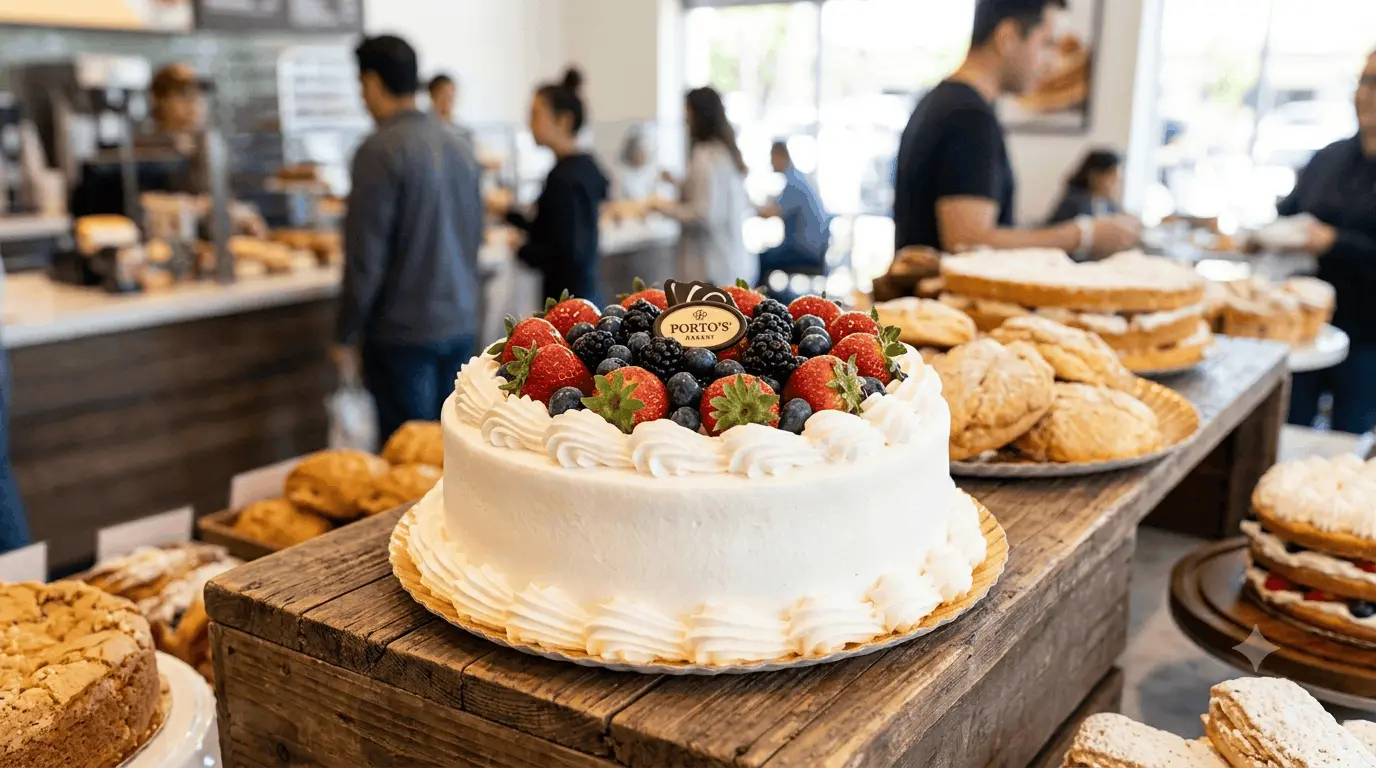 Whole berry-topped cake on a Porto's bakery counter